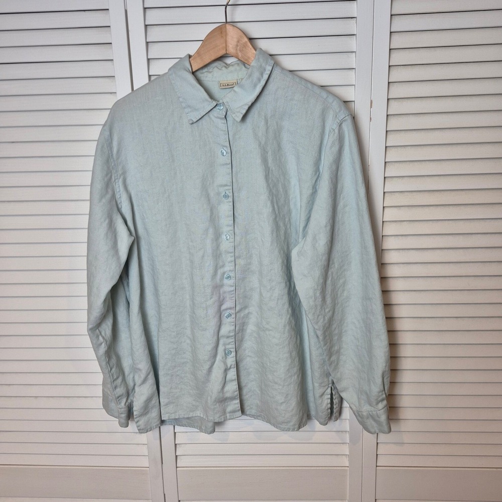 L.L.Bean Linen‎ Button Down Shirt Long Sleeve Relaxed Fit Blue L Coastal Grandma